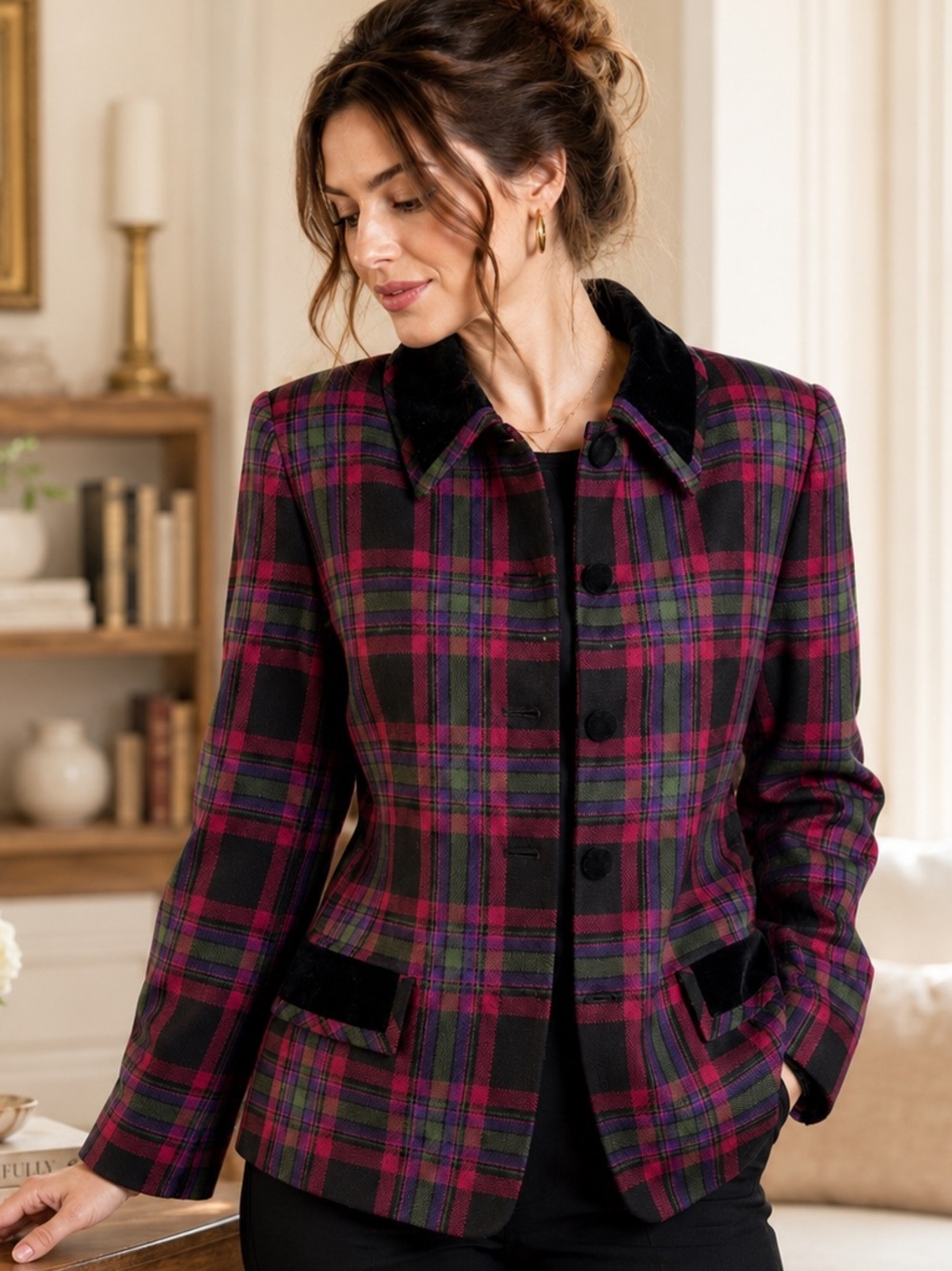 Vintage Wool Petite Sophisticate 12P Blend Plaid Velvet Trim Blazer Jacket - Picture 1 of 12